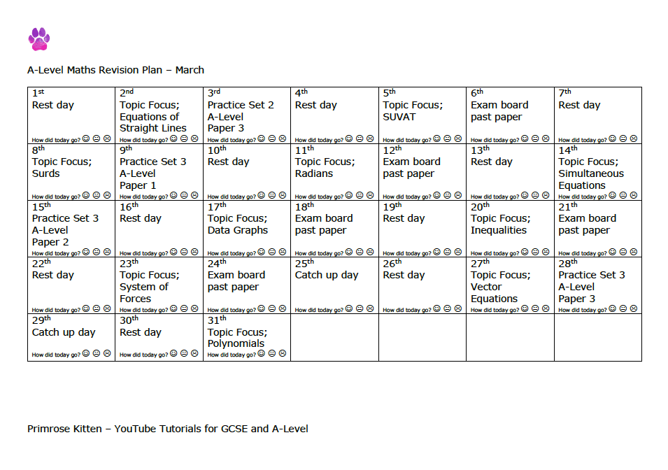 A-Level Maths | Revision plan - Primrose Kitten